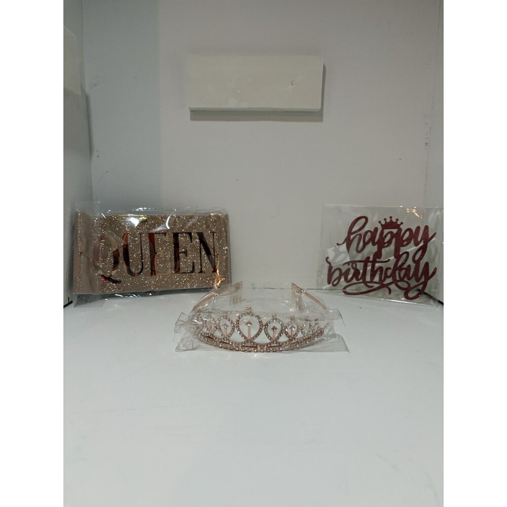 Gold Birthday Tiara Crown and QUEEN Sash Set for Women Party